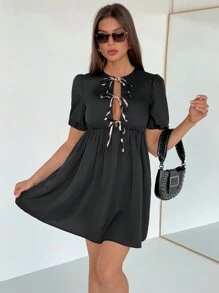 SHEIN Essnce 女式春夏休闲豹纹领带罩衫连衣裙豹纹系带泡泡袖荷叶边下摆迷你连衣裙情人节情人服装度假连衣裙新年女装 - 黑色 - 查看 7