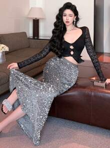 DAZY Back To School Ladies Sequin Decorated Party Skirt Prom Skirt,Fall Women Clothes