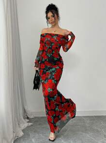 Elenzga Elegant Rose Print Off Shoulder Dress, Fall New Year Valentine's Day Wear For Women - Red - View 2