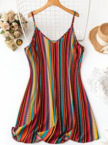 SHEIN LUNE Vestido casual de verano con cuello de pico en V y tirantes para mujer talla grande con rayas arcoíris