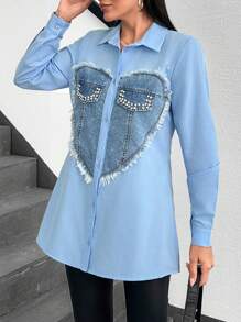 SHEIN Women Blouse With Denim Fabric Patchwork, Hear Shape, Diamond Embellishment, Open Placket
