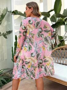 Swim Lushoire Plus Size 3 Pieces Set: Drawstring Digital Print Bikini Set, Matched With Long Sleeve Mid-Length Beach Kimono, Casual Summer Vacation Swimwear Set - Multicolor - View 2