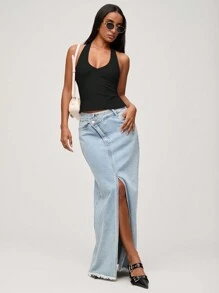 SHEIN BASICS Casual Solid Color Knitted Halter Neck Tank Top For Women - Black - View 4