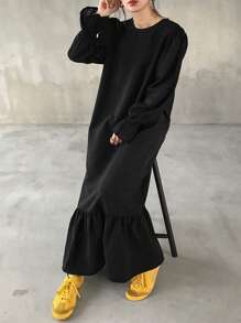 FRIFUL Women's Solid Color Round Neck Ruffle Long Sleeve Loose Casual Dress, Autumn - Black - View 6