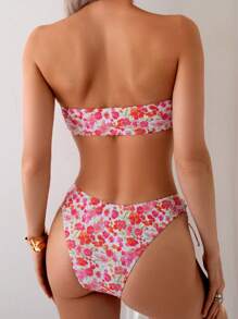 Women Bandeau Hollow-Out Rope Tied Floral Printed Splicing Triangle Bikini Set Summer - Multicolor - View 7