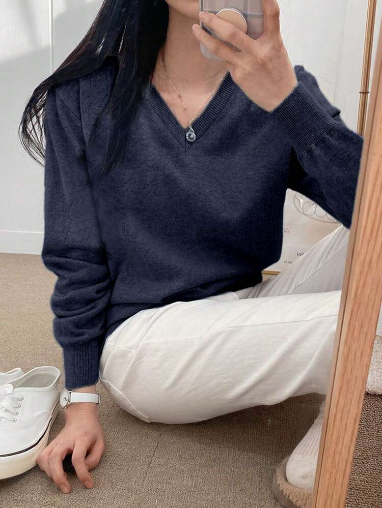 Women'S Solid Color V-Neck Long Sleeve Simple Casual Top, Everyday Wear,Fall Clothes Women Sweater