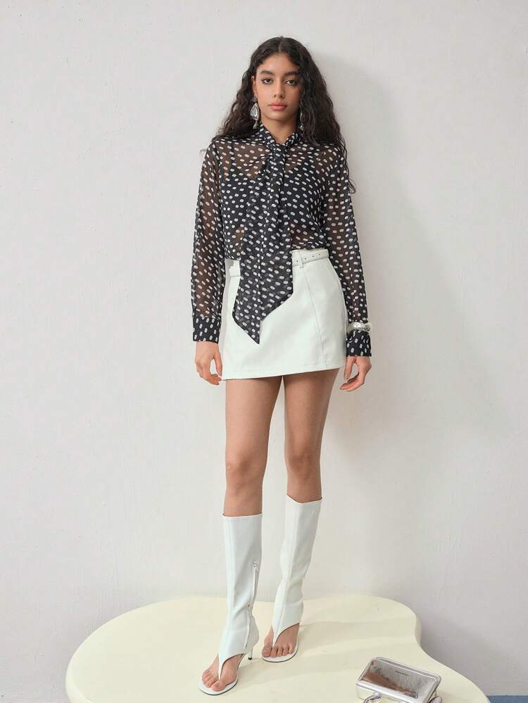 MOTF STUDIO POLKA DOT TIE NECK LONG SLEEVE SHEER BLOUSE, SPRING BLOUSE