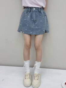 Dazy Kids Tween Girl Allover Print Denim Shorts, Summer,Back To School Clothes - Medium Wash - View 3