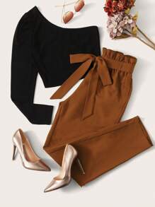SHEIN LUNE One Shoulder Top & Paperbag Waist Belted Trousers Set - Multicolor - View 1