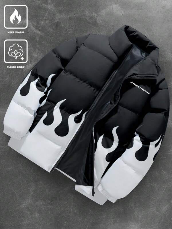 Manfinity Streetrush Men Winter Coats,Manfinity Streetrush Men's Street Flame Pattern Winter Coats, Gift For Boyfriend,Blue Winter Coats Streetwear Jacket
