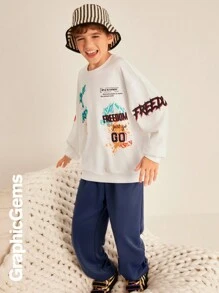 Tween Boy 2 件套休闲日常字母印花圆领运动衫和裤子套装，秋季服装 - 彩色 - 查看 3