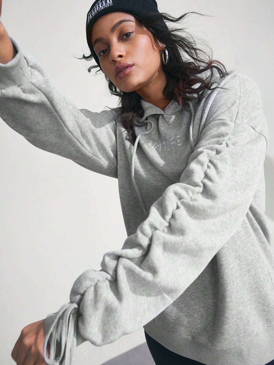 Sudadera casual minimalista de manga larga con bordado de letras para mujer - Gris - Ver 1