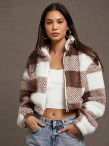 SHEIN Essnce Cazadora de cuadros de hombros caídos cremallera de franela - Multicolor - Ver 1