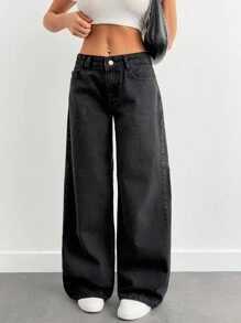 EURMUSE Women's Fashionable Versatile Slant Pocket Loose Fit Denim Jeans - Black - View 4
