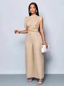 SOLERSUN 四季女装通勤优雅日间外出休闲简约杏色露肩不对称领口肩部褶皱短袖阔腿连体裤