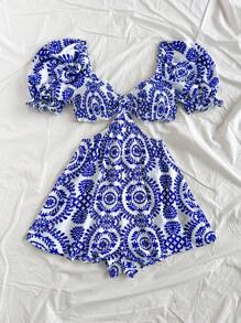 Soleia Dames Zomervakantie Losse Blauwe En Witte Print Rugloze Halter Jumpsuit Met Zij-uitsparing, Geschikt Voor Feest, Date, Afternoon Tea, Pasen, Festival, Strand, Cruise