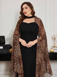 Modelyn 大码优雅豹纹拼布喇叭下摆长袖中长连衣裙，常规款式，适合春秋季节 - 黑色 - 查看 6