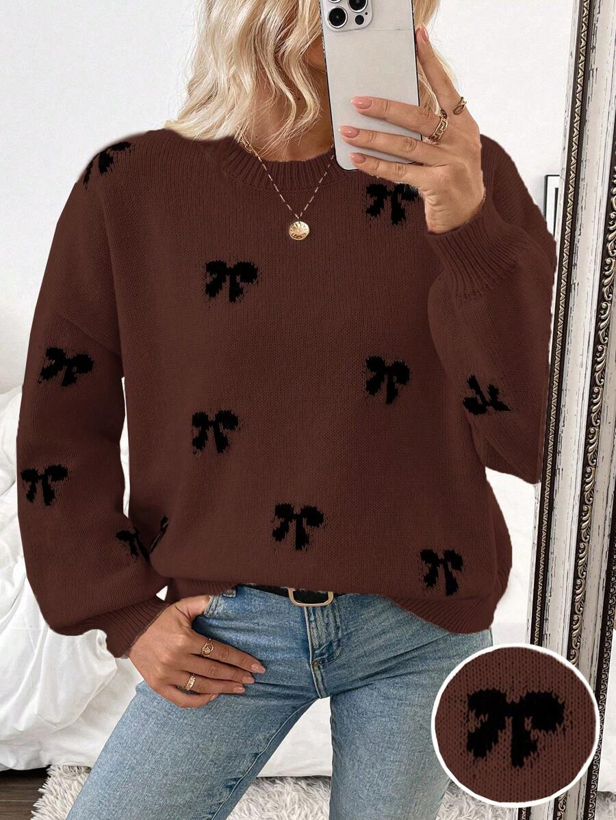 SHEIN Unity Sweater Pullover Kasual Motif Pita Lucu dan Modis Warna Cokelat Tua untuk Musim Gugur/Dingin 2023, Cocok untuk Tahun Baru, Sekolah, dan Musim Gugur, Cocok untuk Blogger Eropa & Amerika. - Rust Brown - View 1