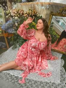 Flirla 大码女式浪漫碎花雪纺连衣裙，荷叶边领，双层蝴蝶结印花，适合度假、派对、返校 - 彩色 - 查看 4