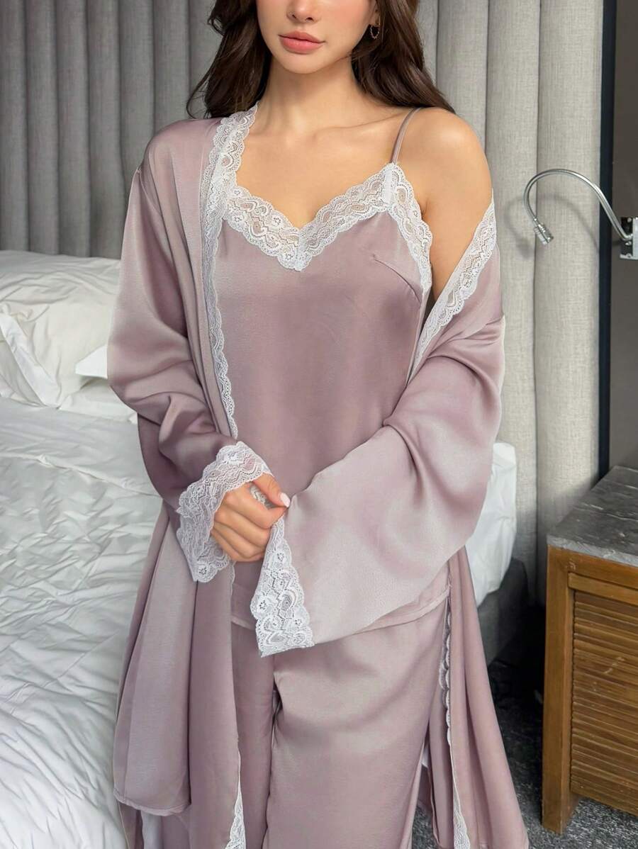 DAZY 3-Piece Comfortable Lace Patchwork Women Spring Pajamas Set - Khaki - View 1