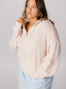SHEIN Aralina-E Cozy Curve Relaxed Fit Pale Pink Quarter-Zip Collar Cropped Sweater - Baby Pink - View 5