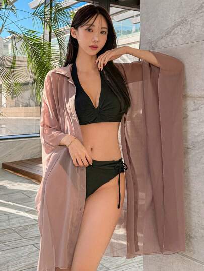 DAZY 女士纯色简约透明罩衫，休闲度假，适合夏季海滩度假