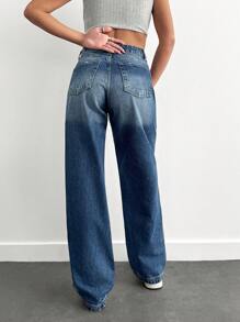 EURMUSE 100% Cotton HIGH RISE ASYMMETRIC BELT STRAIGHT CUT JEAN - Dark Wash - View 2