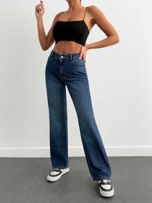 RueChic LOW RISE STRAIGHT CUT LIGHT GREY Y2K STYLE WOMEN JEAN - Dark Wash - View 3