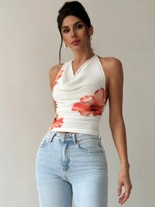 SHEIN Privé Valentine Day Women's Elegant Minimalist Charm Fashion Sexy Party & Music Festival Vibe Mesh Floral Print Halter Plunging Neck Backless Bodycon  Tank Top