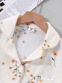 Tween Girl Floral Print Collar Shirt & Pants 2Pcs Loungewear Set, Daily Casual - Multicolor - View 6