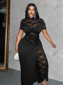 Maweii 大码纯色立领短袖蕾丝拼布紧身连衣裙 - 黑色 - 查看 5