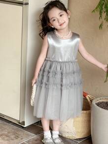 DAZY Young Girl Round Neck Sleeveless Mesh Party Dress, Summer - Grey - View 5