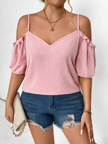 SHEIN LUNE Plus Size Elegant Ruffle Ruffled Trim Fashionable Flattering V-Neck Blouse