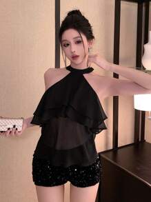 DAZY Damen Frühlingsstil Schulter Cut-Out Bluse, Sexy Nachtausgang, Sommer, Rüschen Rollkragen Damen - Schwarz - Übersicht 5