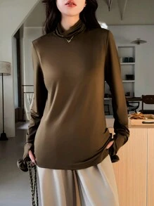 SHEIN Unity Women Solid Color Stand Collar Long Sleeve T-Shirt With 3D Floral Decoration, Casual Basic Top