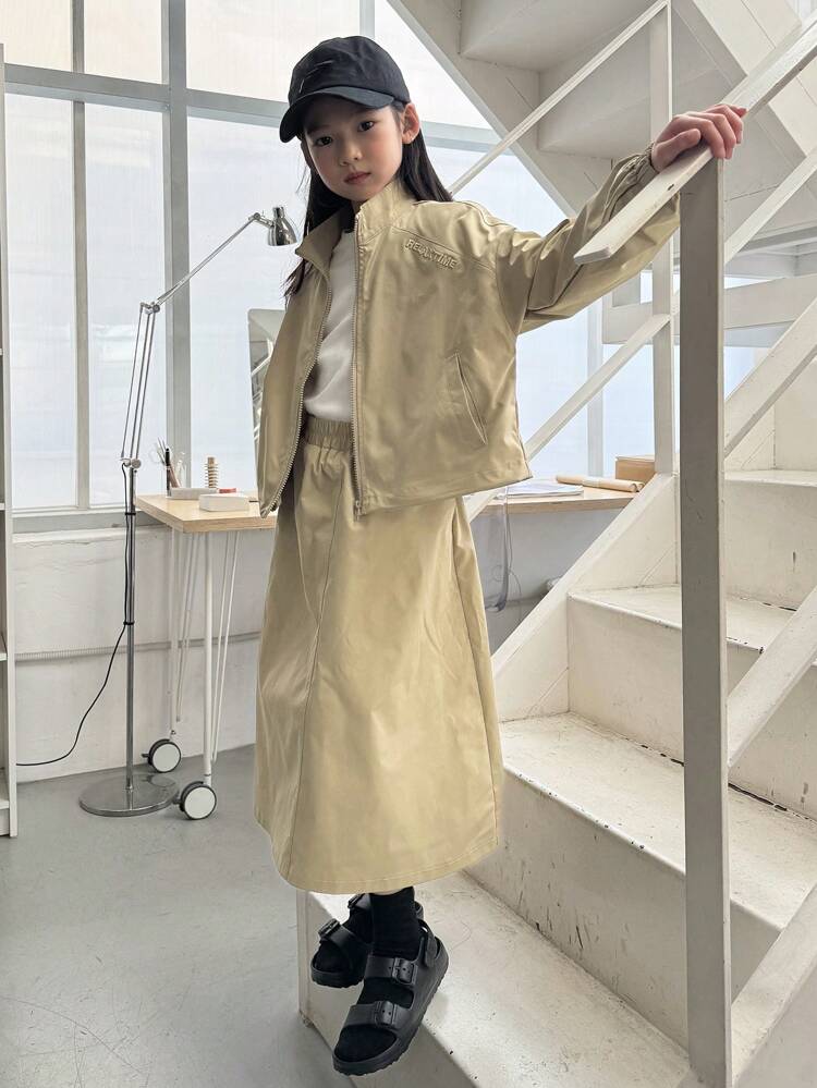 Tween Girls Casual Solid Color Jacket & Skirt 2 Pieces Set, Autumn