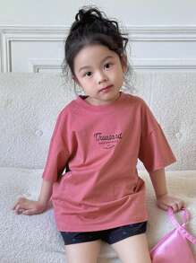 Dazy Kids Young Girl Letter Print Round Neck Loose Fit Drop Shoulder Casual T-Shirt Summer - Hot Pink - View 3