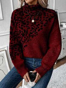 SHEIN LUNE Women Leopard Print Turtleneck Loose Fit Knitted Pullover, Autumn/Winter
