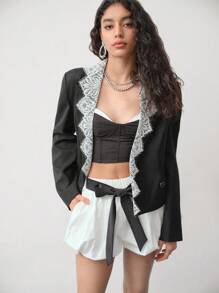 MOTF STUDIO CONTRAST LACE DOUBLE BREASTED CROPPED BLAZER, COLORBLOCK BLAZER, SPRING BLAZER