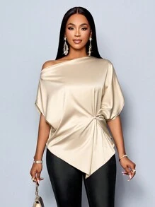 SOLERSUN Blusa de Cetim com Manga Morcego e Gola Assimétrica, Elegante, com Babado Peplum para Mulheres - Champanhe - Visão 6