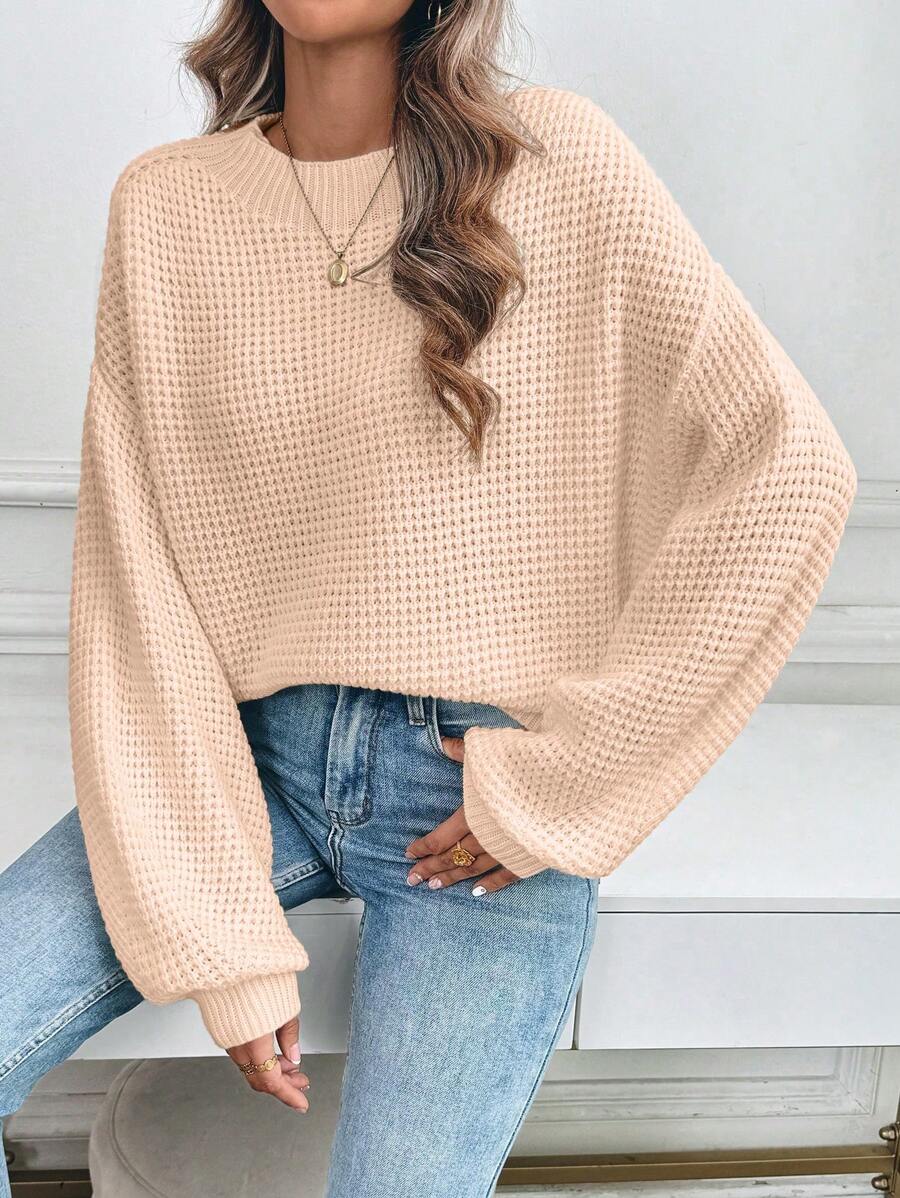 SHEIN LUNE Women's Solid Color Crew Neck Long Sleeve Casual Sweater - Dusty Pink - View 1