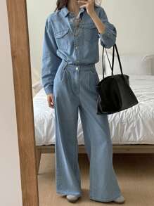 DAZY 女士休闲牛仔衬衫和牛仔裤两件套西装，秋季 - 中等水洗藍 - 查看 1