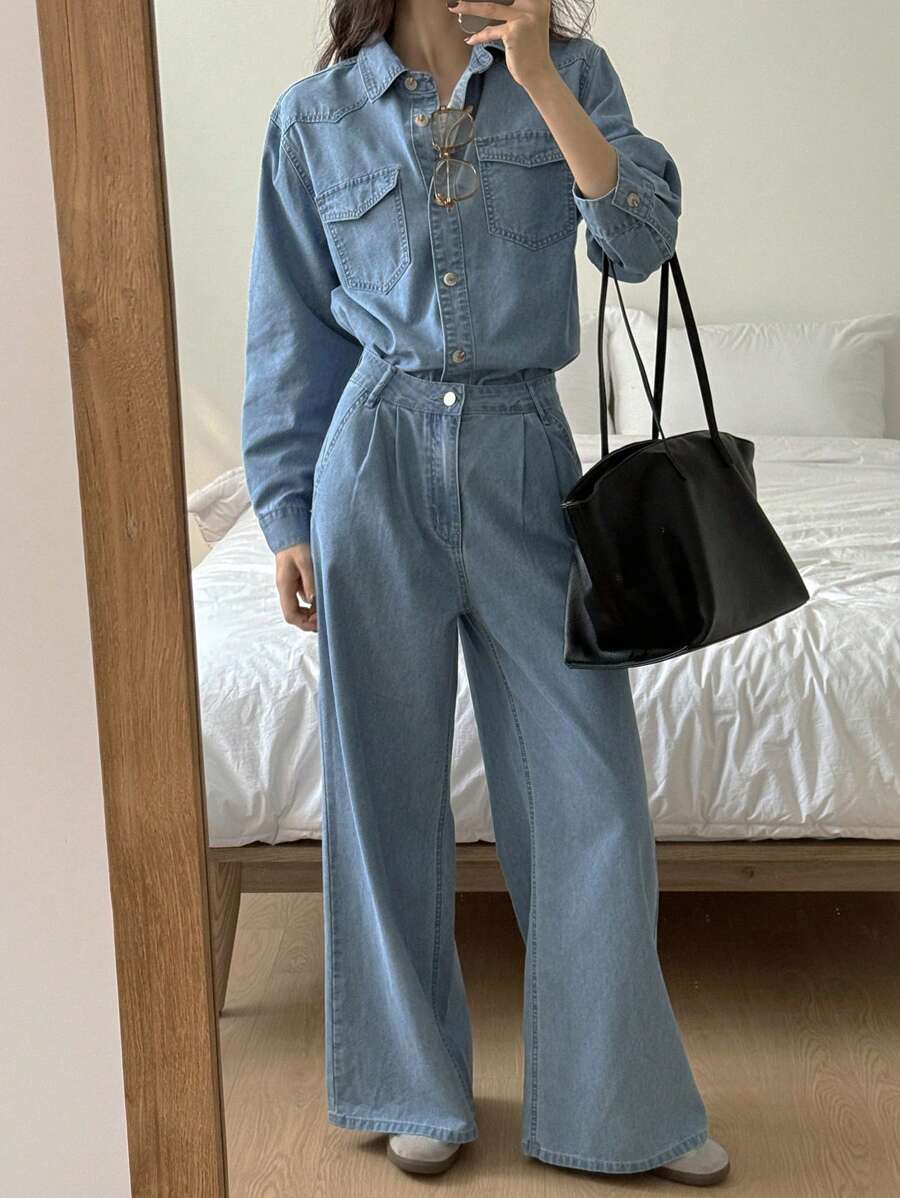 DAZY 女士休闲牛仔衬衫和牛仔裤两件套西装，秋季 - 中等水洗藍 - 查看 1