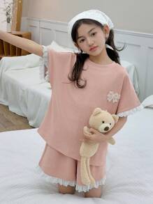 DAZY 2 件套青少年女孩圆领针织拼布短袖春夏装，返校服 - 粉色 - 查看 2