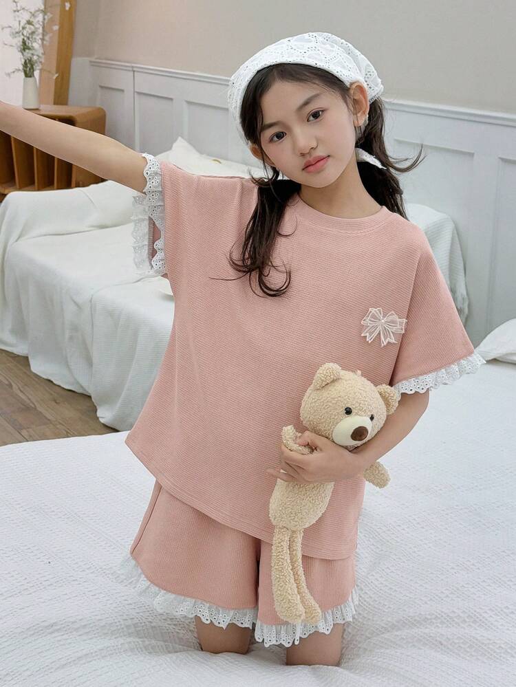 2pcs/Set Tween Girl Round Neck Knitted Patchwork Short Sleeve Spring & Summer Outfit,Back To School Clothes