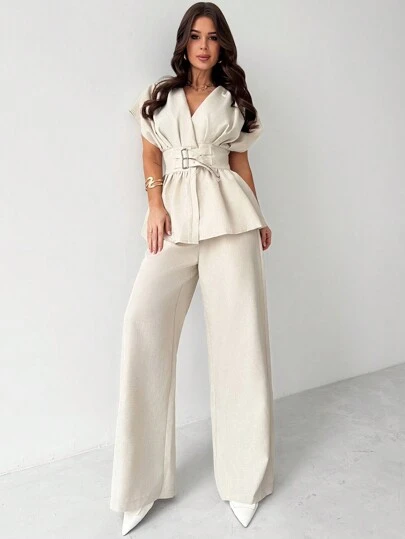 Firerie كارديجان من قماش الأقحوان البامبو ذي الرقبة على شكل حرف V مع حزام الخصر، مجموعة بدلة مع بنطال ضيق واسع الساق بخصر عالٍ، تصميم أنيق وبسيط للارتداء اليومي