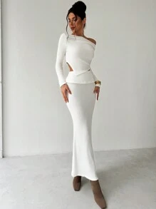 SHEIN Privé Set da 2 pezzi per San Valentino, composto da top a maniche lunghe con colletto asimmetrico e gonna lunga aderente, elegante - Bianco - Visualizzare 4