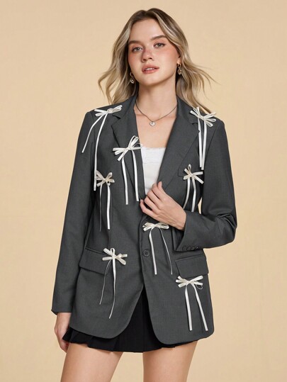 Kawaii Women's Bow Decor Long Sleeve Button Front Casual Blazer Jacket
