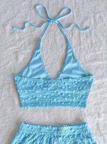 Soleia WYWH 2 chiếc/Bộ Áo hở vai cổ chữ V họa tiết chấm bi trắng đi biển cho nữ mùa hè thường ngày kèm quần short cạp chun - Màu xanh lam - Xem 4