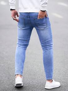Manfinity Homme 男式破洞口袋简约休闲紧身牛仔裤 - 淺色水洗藍 - 查看 2